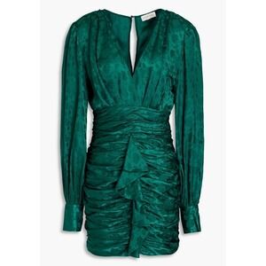 Ronny Kobo Carissa Dress Small Green‎ Silk Blend Ruched Floral Jacquard Cocktail